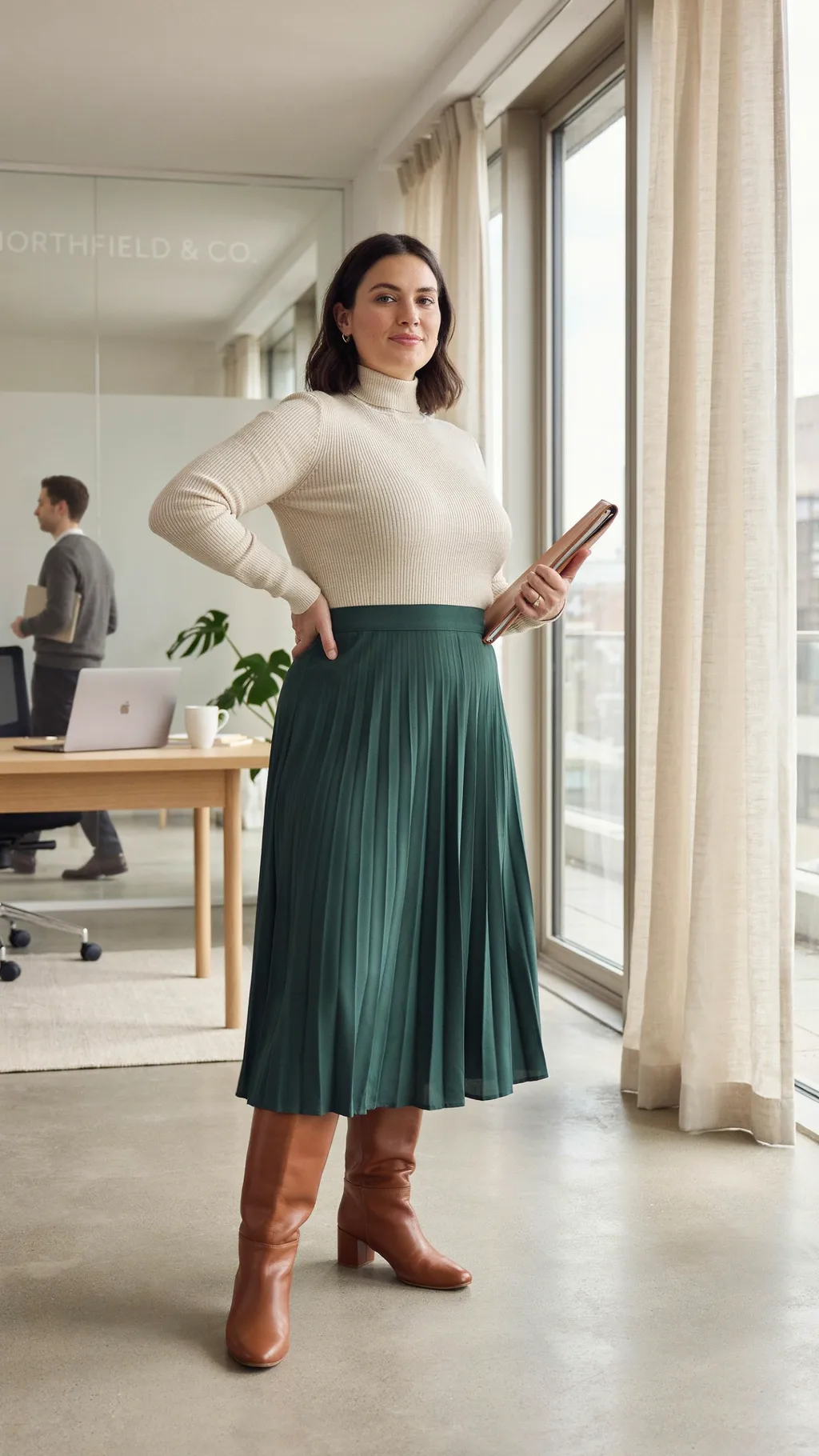 Turtleneck and Pleated Midi Skirt office outfit for curvy women