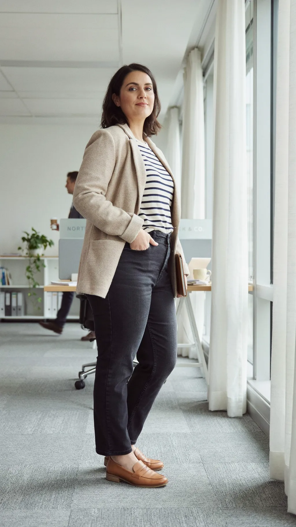 Dark Wash Jeans and Blazer for Casual Fridays office outfit for curvy women