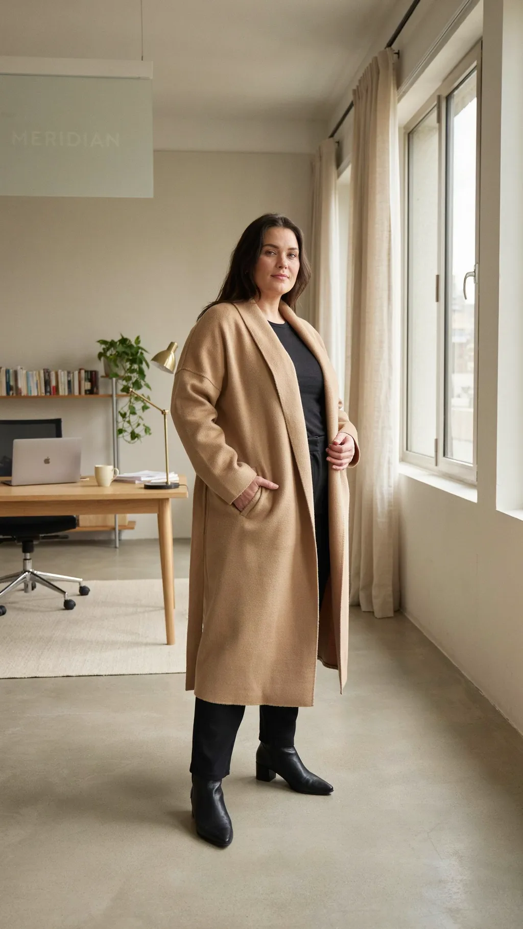 Duster Coat Over Smart Separates office outfit for curvy women