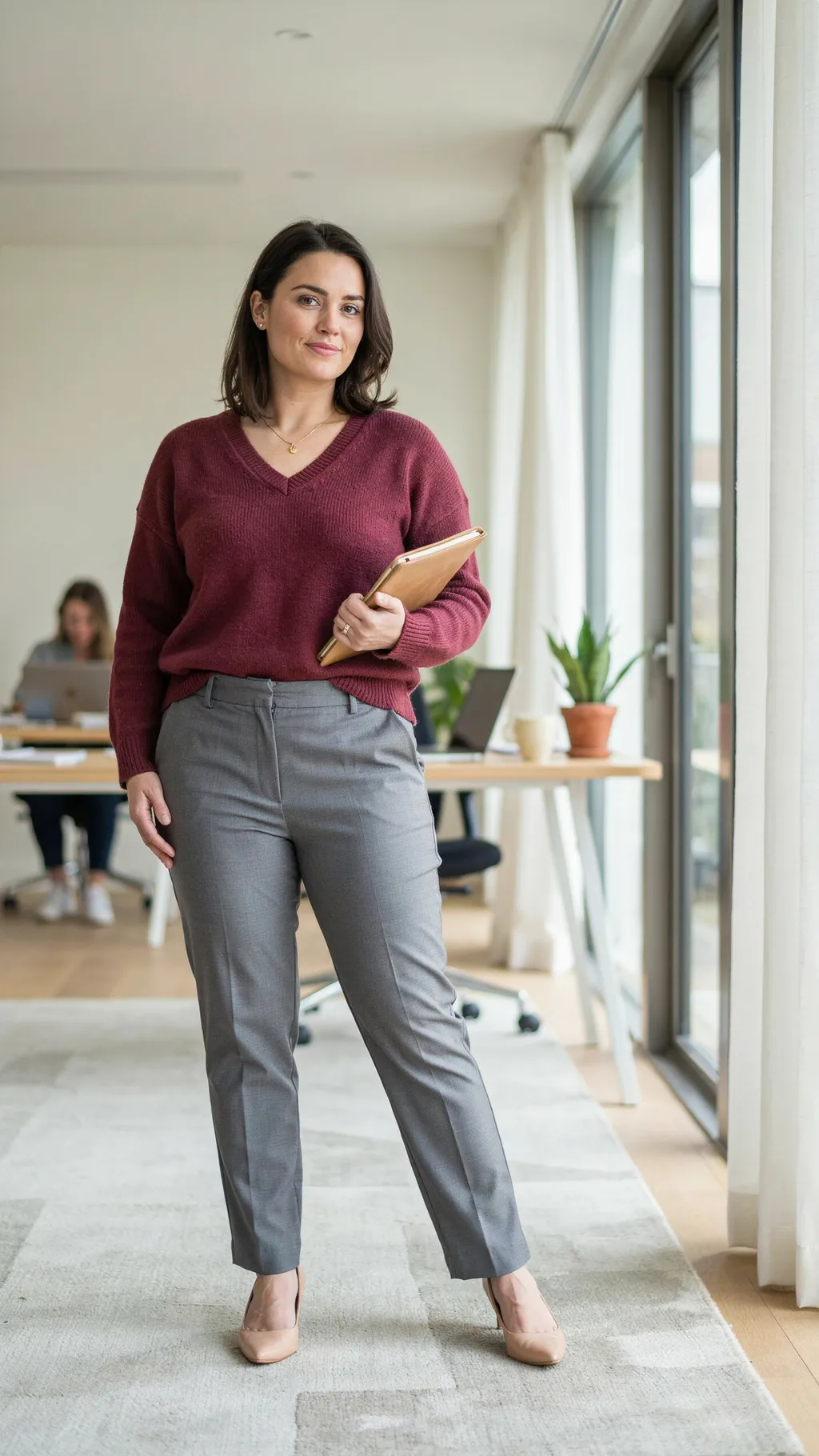 V-Neck Sweater and Trousers office outfit for curvy women