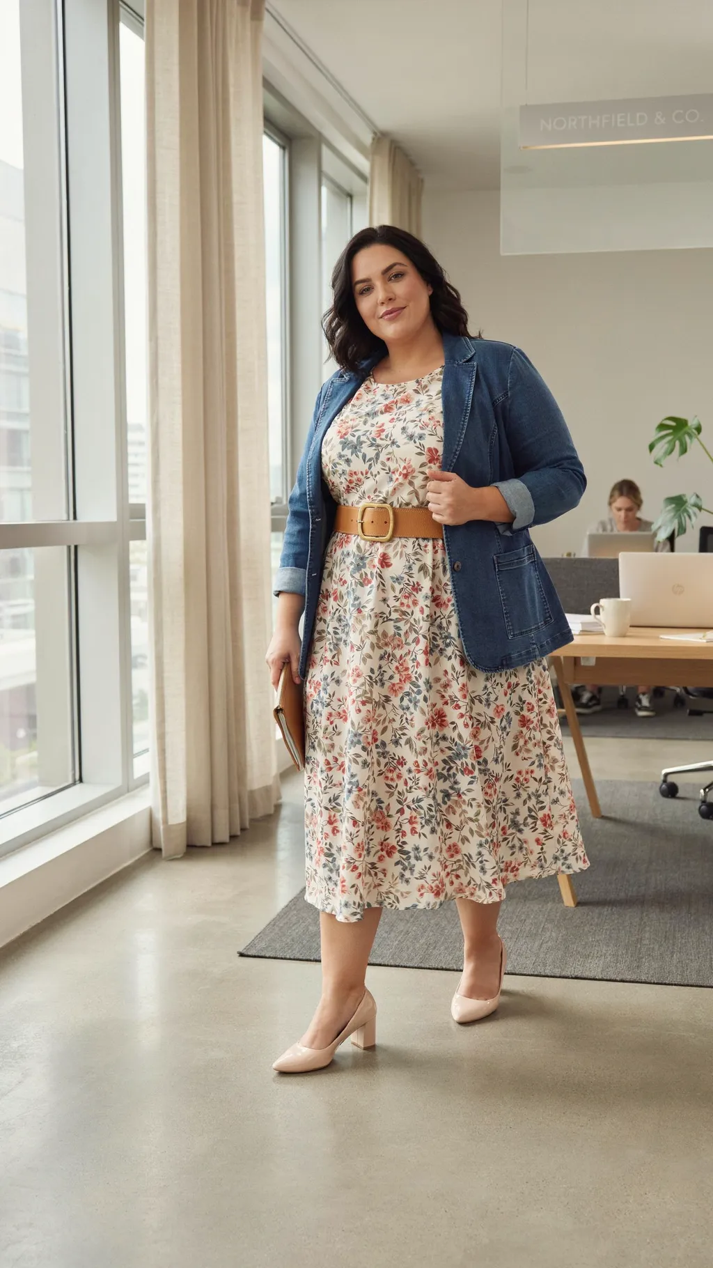 Printed Midi Dress with a Belt office outfit for curvy women