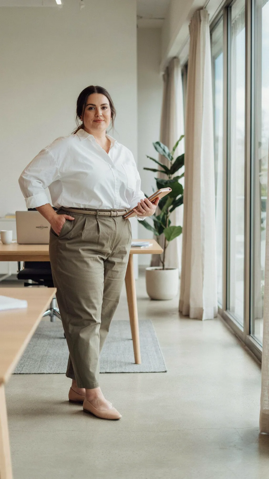 Button-Down Shirt and Paperbag Trousers office outfit for curvy women