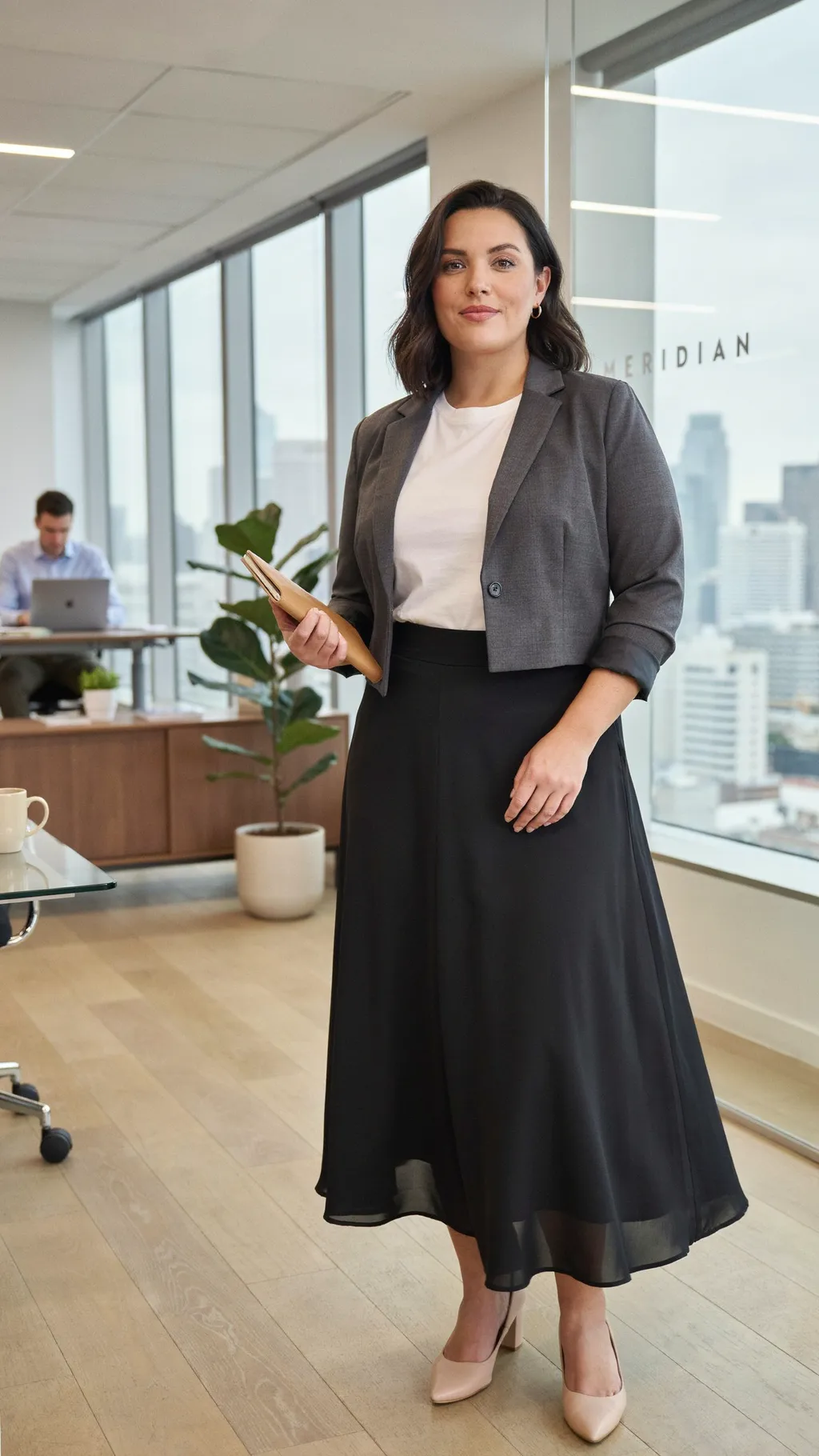 Maxi Skirt and Tucked Tee office outfit for curvy women