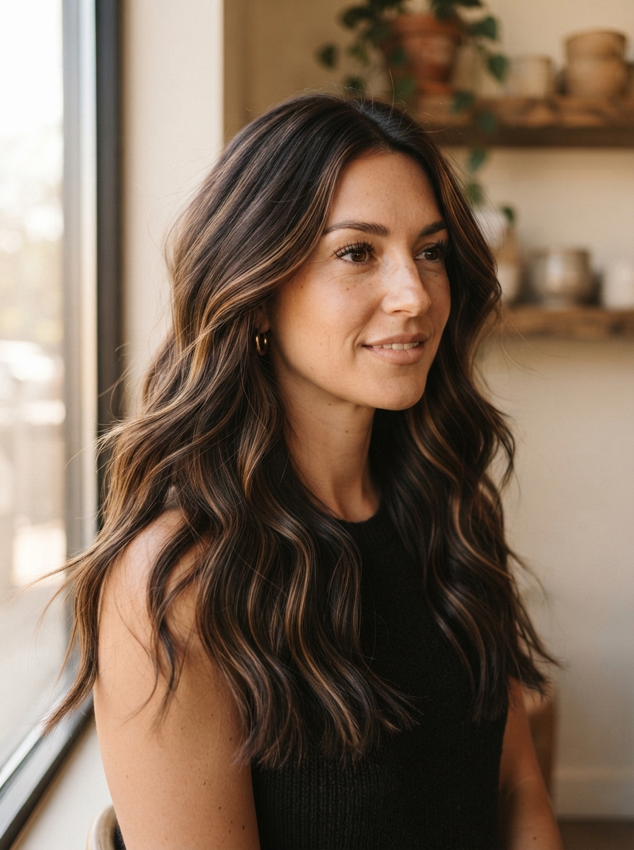 Caramel-ribboned espresso balayage