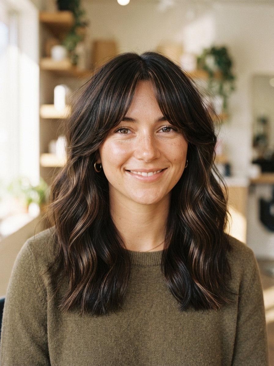 Curtain bangs with espresso highlights