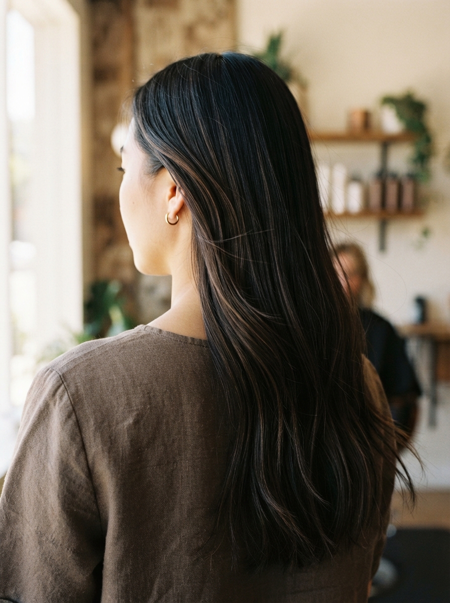 Subtle espresso ribbons on black hair
