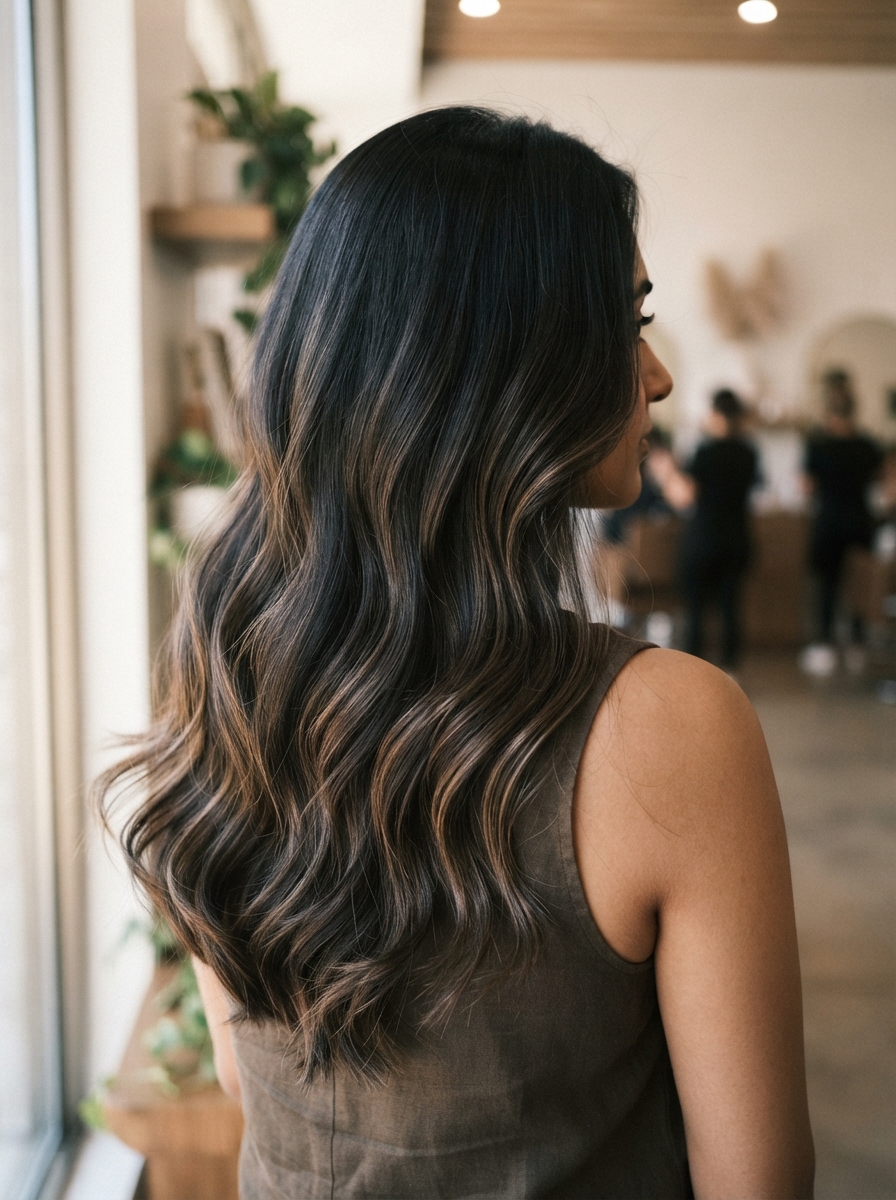Espresso balayage on natural Indian and South Asian hair