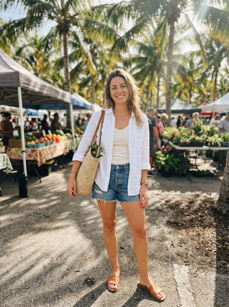 White Linen Shirt and Denim Shorts Florida winter outfit