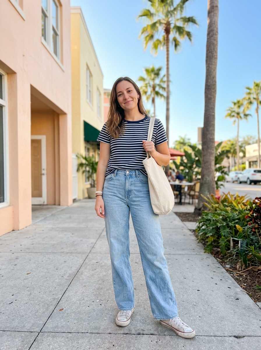 Striped Tee and Wide-Leg Jeans Florida winter outfit