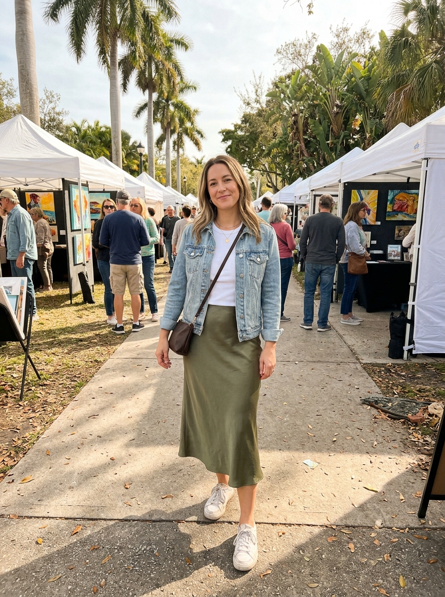 Denim Jacket with a Midi Skirt Florida winter outfit