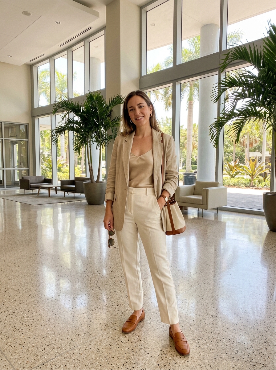 Linen Blazer and Tailored Trousers Florida winter outfit