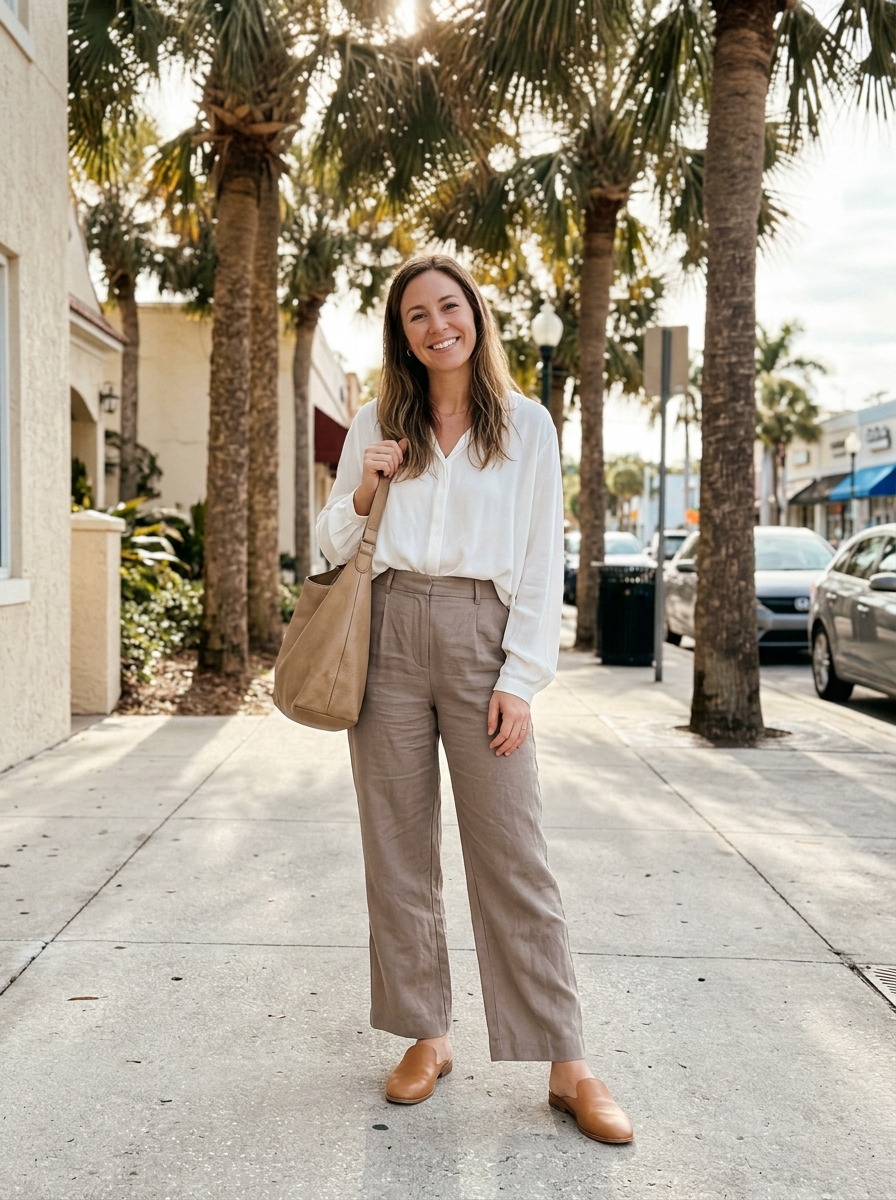 Wide-Leg Trousers and a Breezy Blouse Florida winter outfit