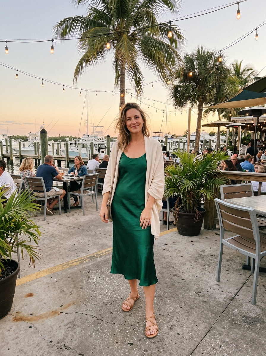 Satin Slip Dress with a Light Wrap Florida winter outfit
