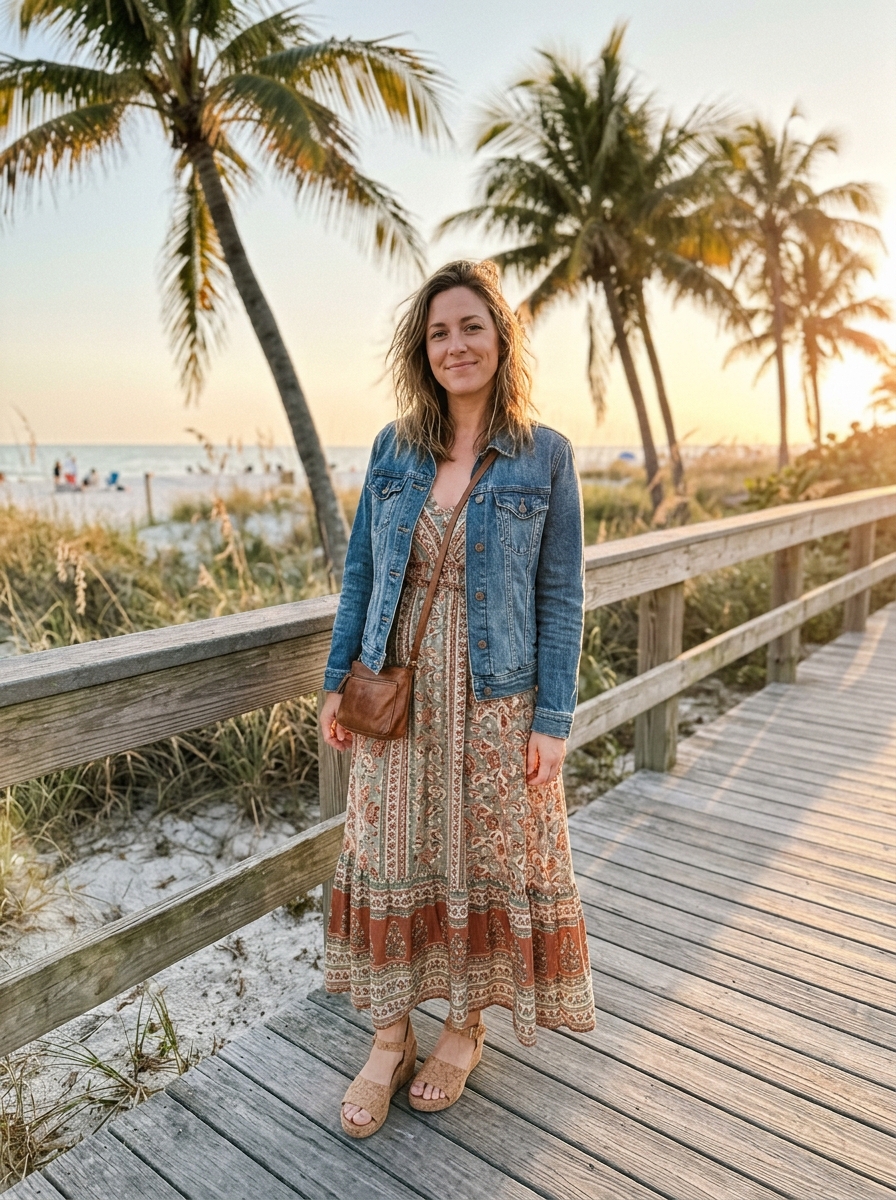 Flowy Maxi Dress and Denim Jacket Florida winter outfit