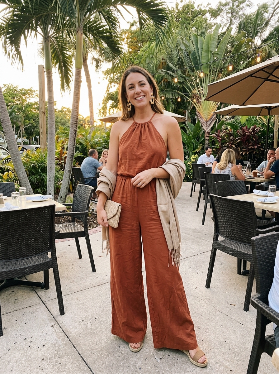 Jumpsuit with Statement Earrings Florida winter outfit