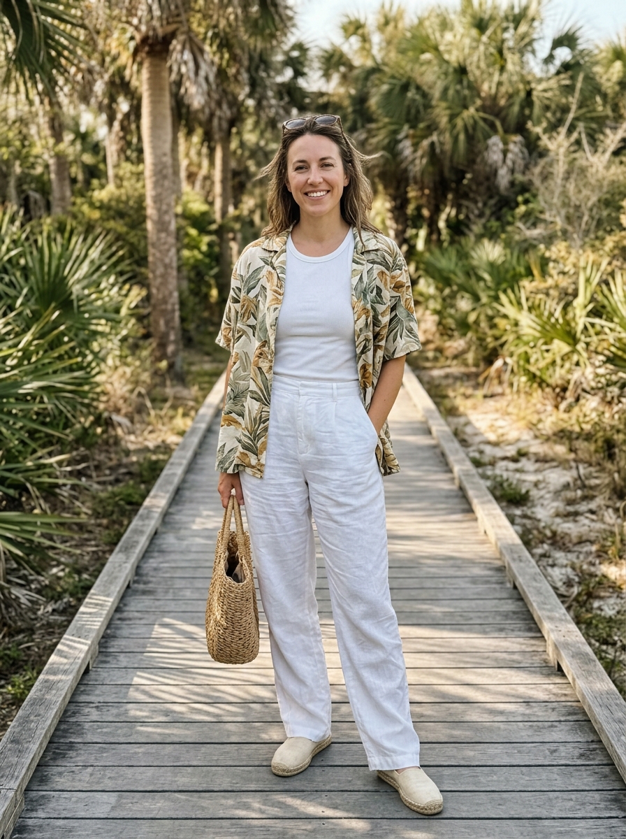 Resort Shirt and Linen Trousers Florida winter outfit