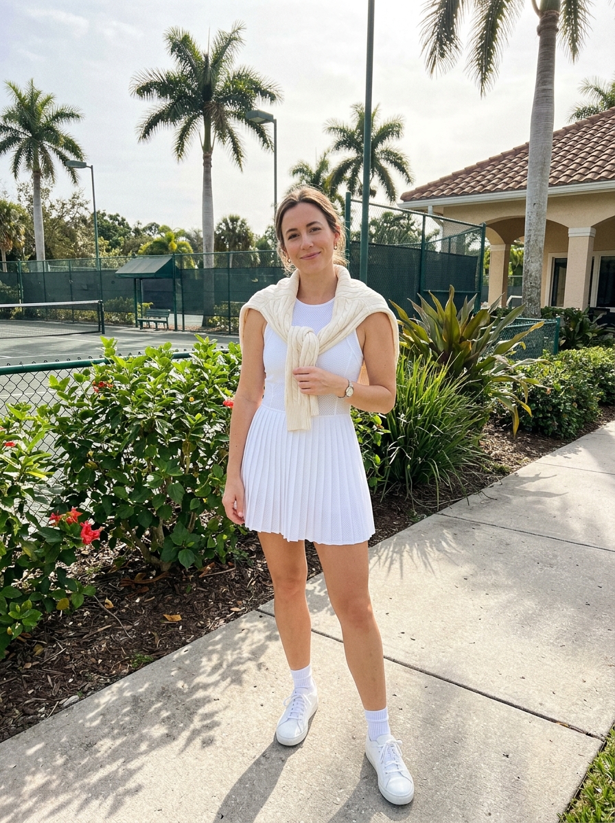 Tennis Dress and Cardigan Florida winter outfit