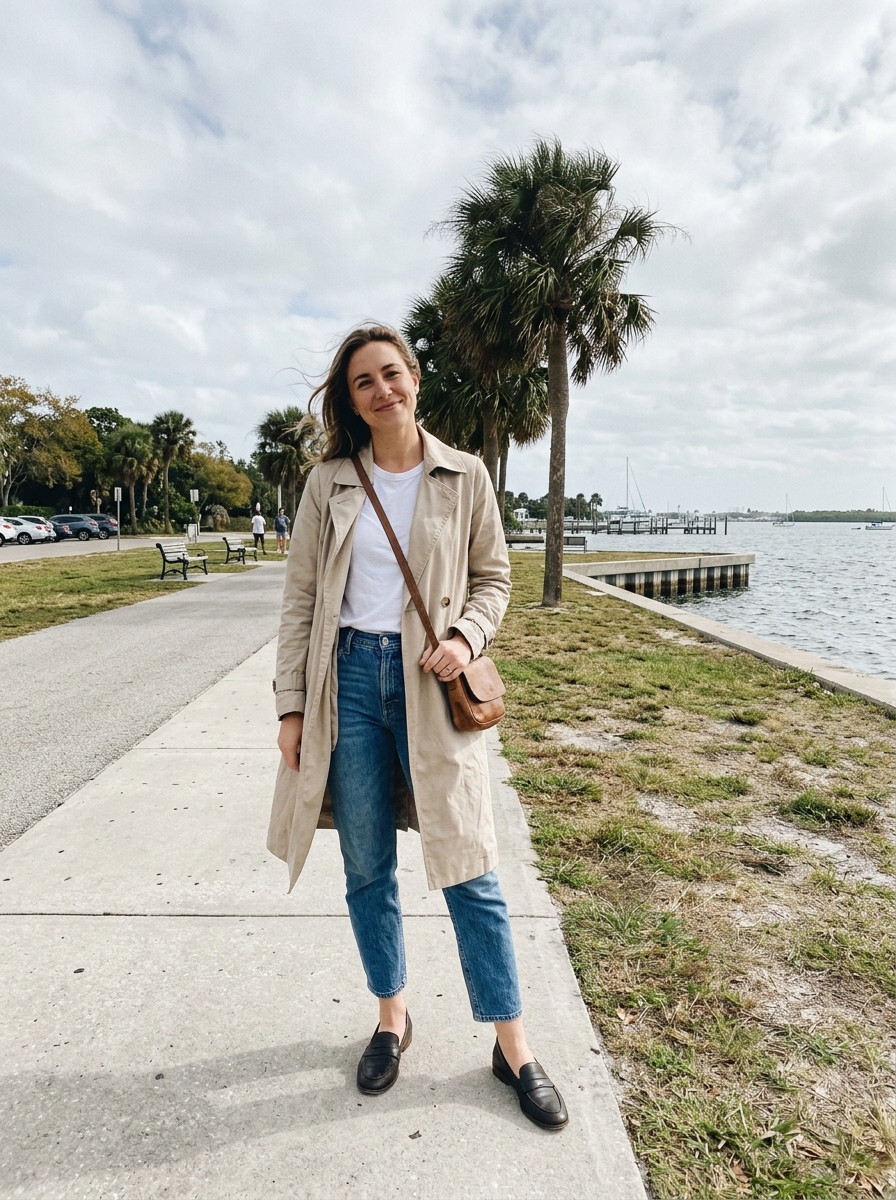 Light Trench with Ankle Jeans Florida winter outfit