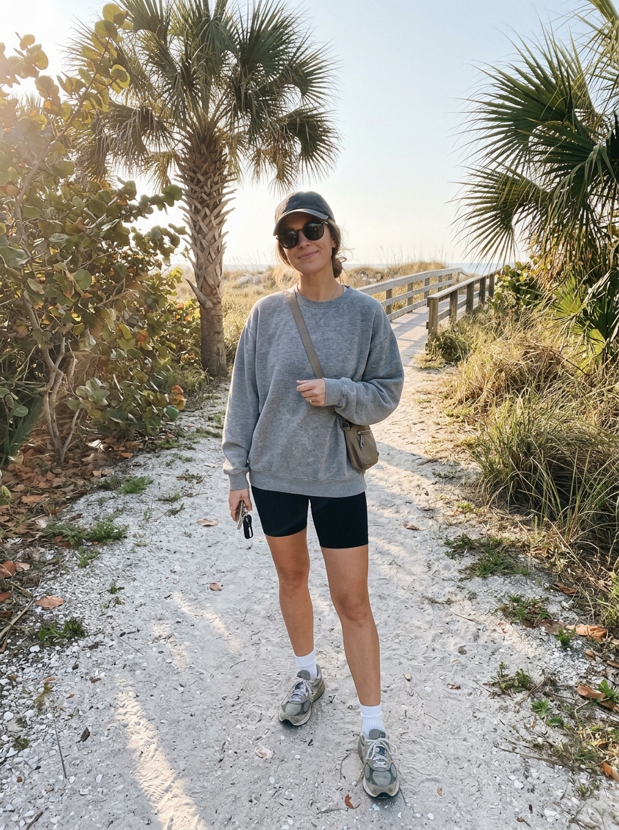 Cozy Sweatshirt and Bike Shorts Florida winter outfit