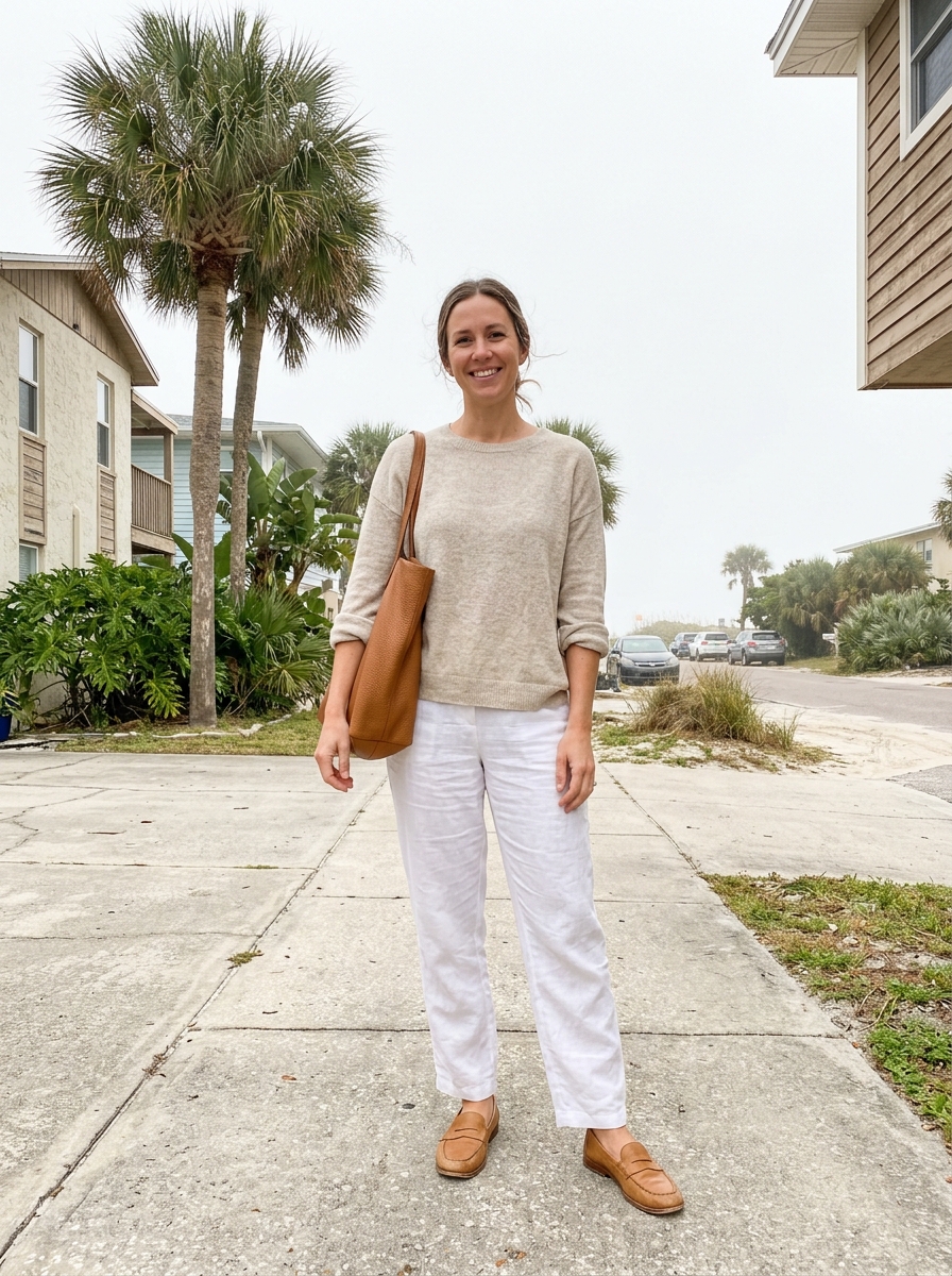 Knit Sweater and Linen Trousers Florida winter outfit