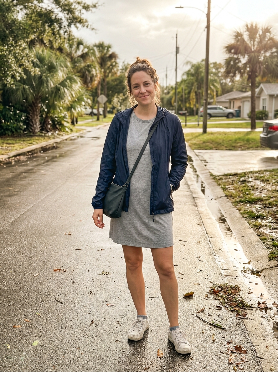 Rain Jacket over a T-Shirt Dress Florida winter outfit