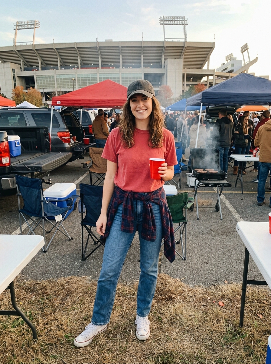 Football game outfit: Vintage Team Tee, Straight-Leg Jeans and a Plaid Layer