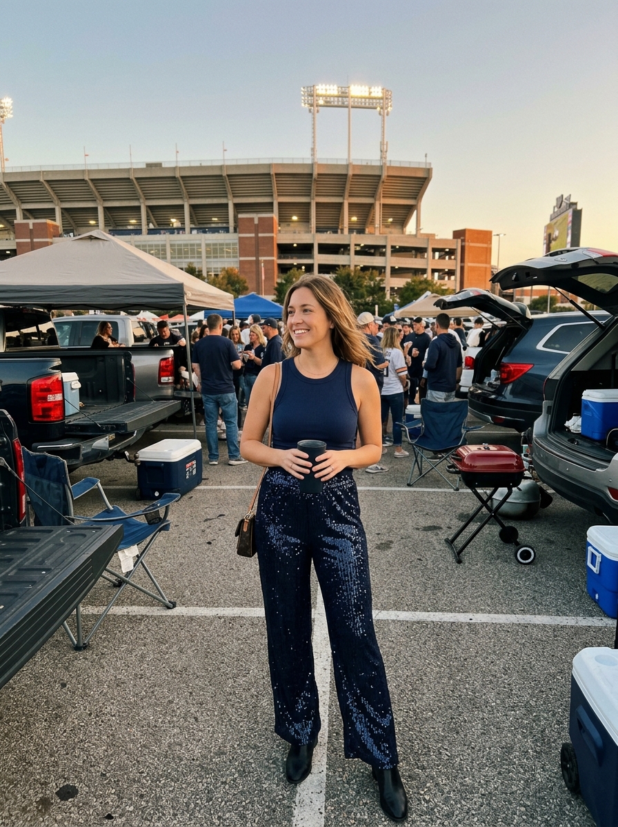 Football game outfit: Fitted Team Tank With Sparkly Wide-Leg Pants