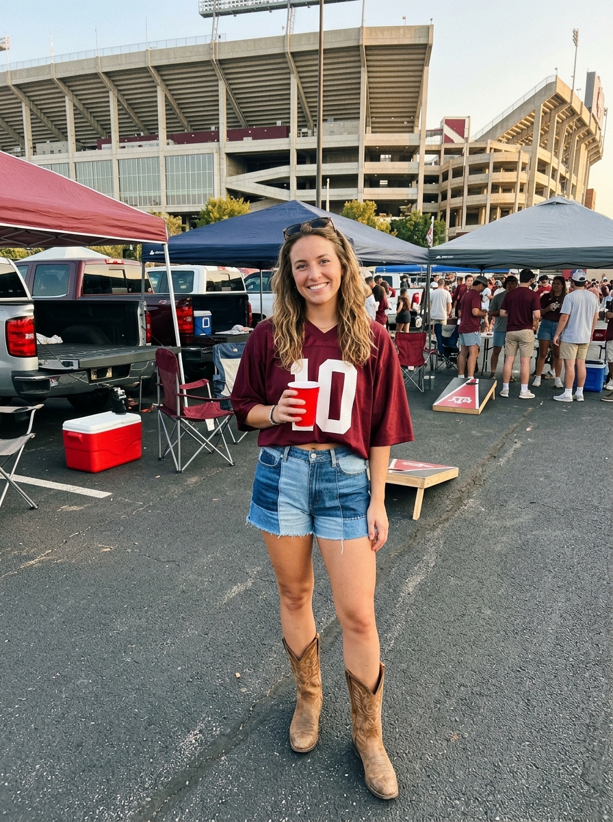 Football game outfit: Cropped Jersey, Denim Shorts and Cowboy Boots