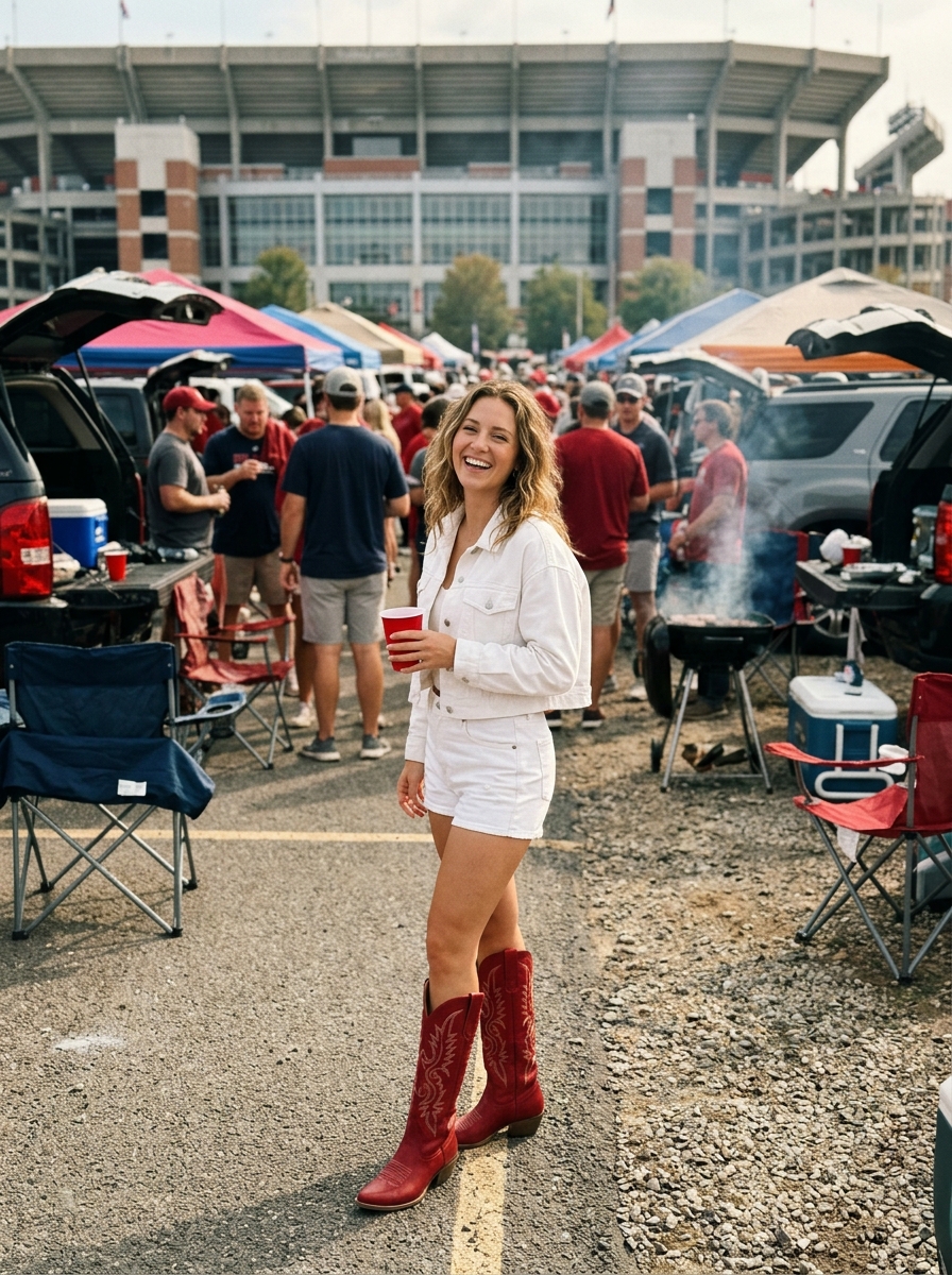 Football game outfit: White Matching Set With Team-Color Boots