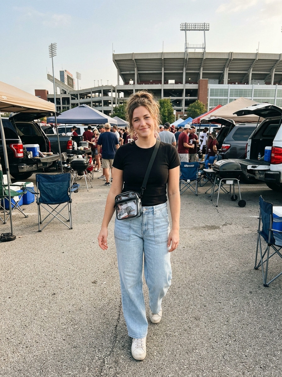 Football game outfit: Cropped Team Tee, Statement Jeans and a Clear Bag