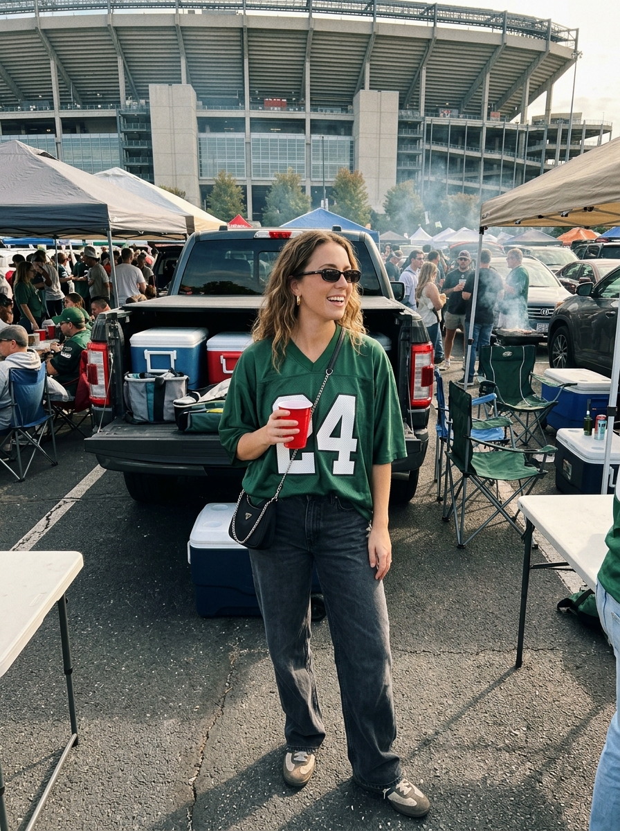 Football game outfit: Oversized Jersey With Relaxed Dark Denim