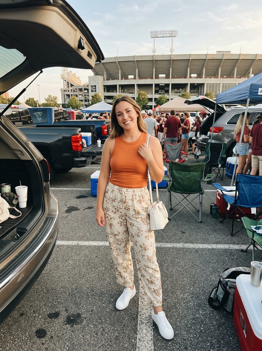 Football game outfit: Team-Color Tank With Printed Trousers