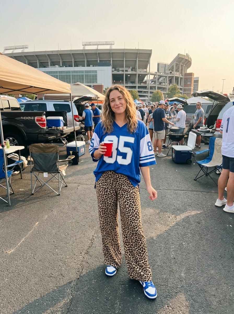 Football game outfit: Oversized Football Tee With Leopard Pants