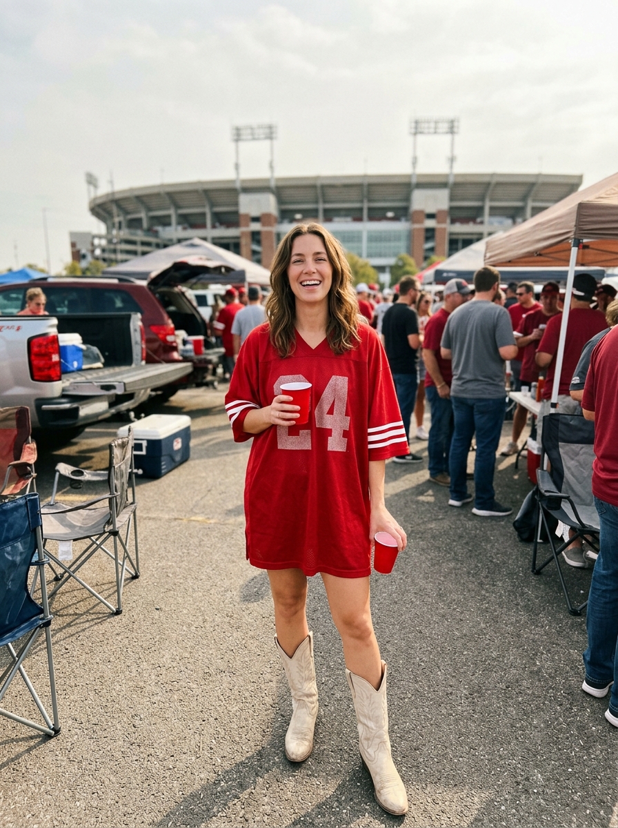 Football game outfit: Jersey Mini Dress With Western Boots