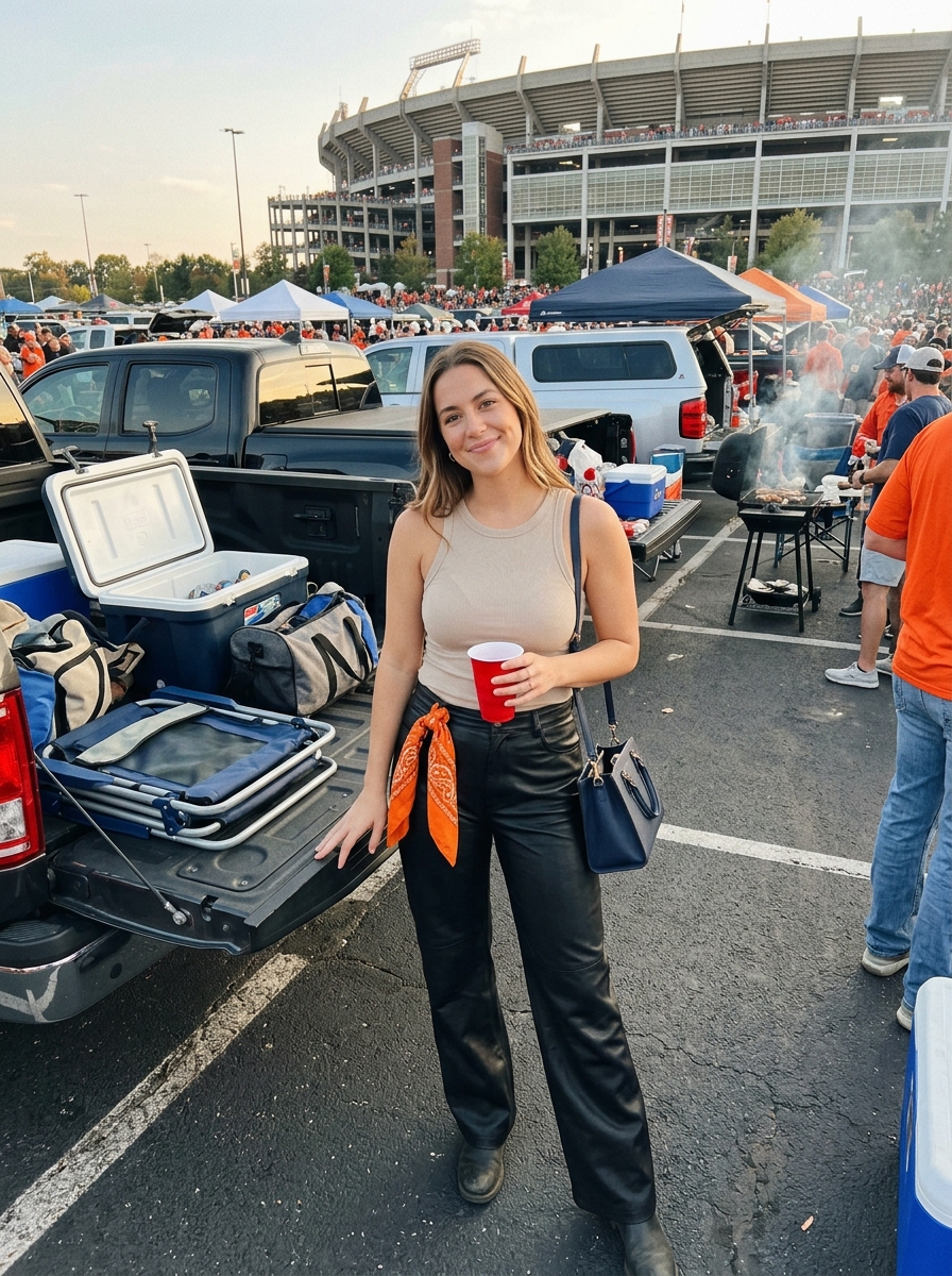 Football game outfit: Neutral Tank, Team-Color Bandana and Statement Pants