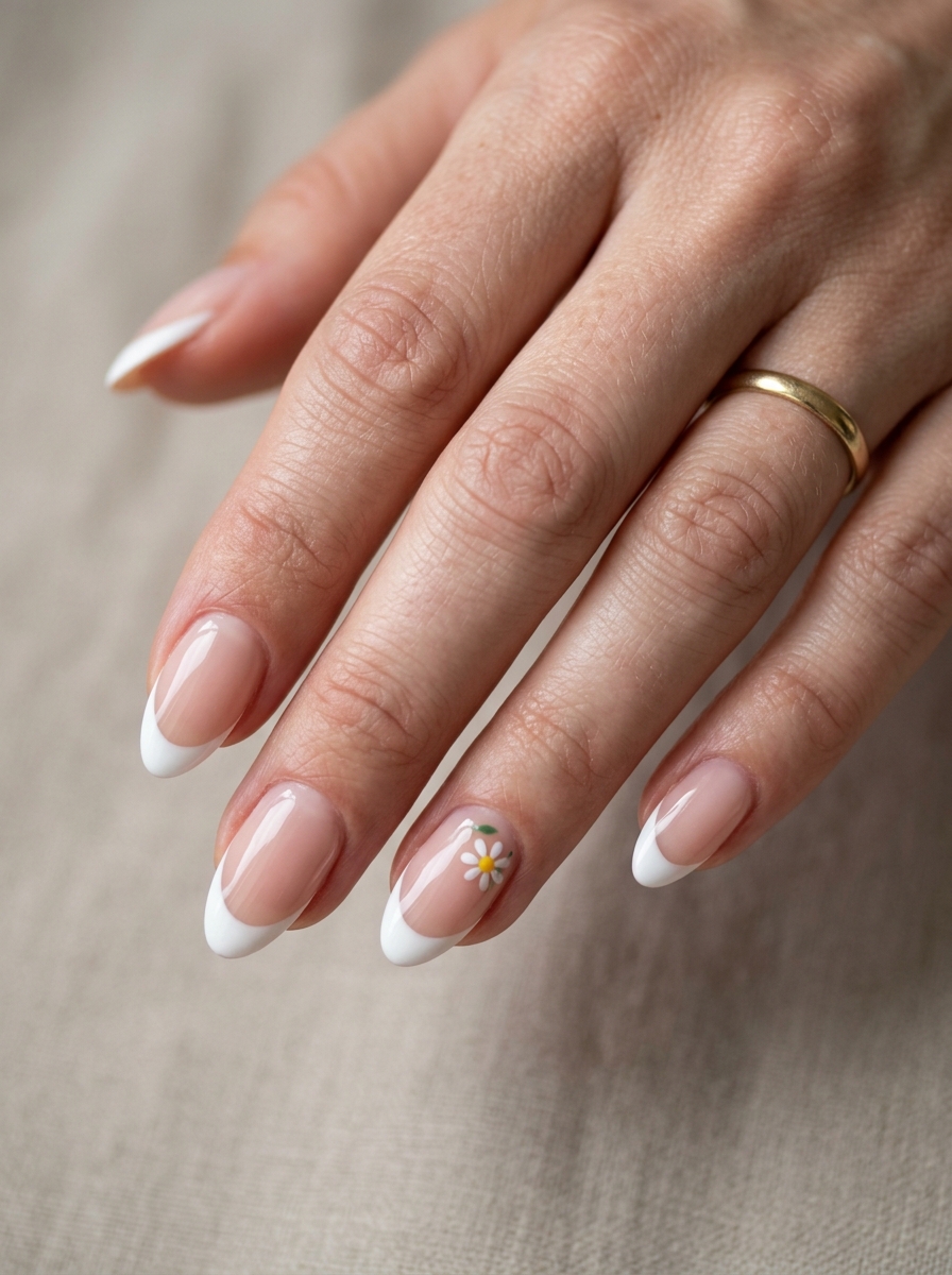 Single Flower Accent French - french tip nails with designs