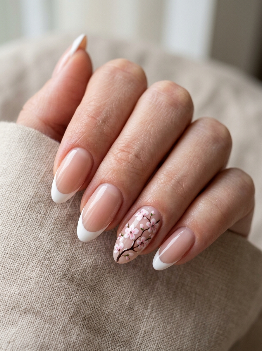 Cherry Blossom French - french tip nails with designs