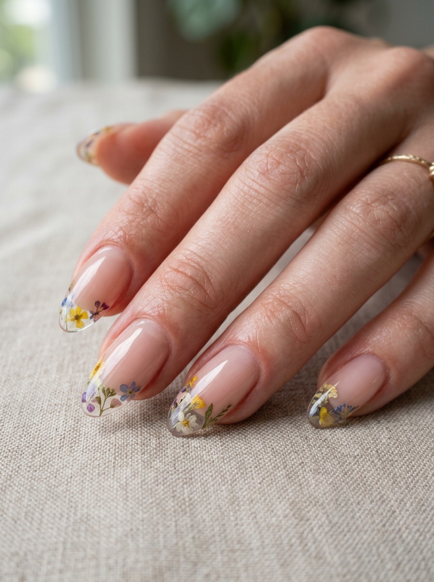 Pressed Flower French - french tip nails with designs
