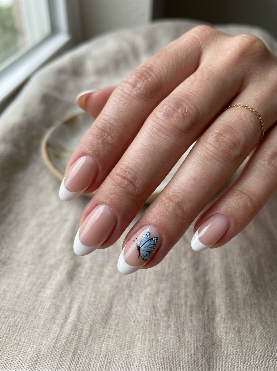 Butterfly Accent French - french tip nails with designs