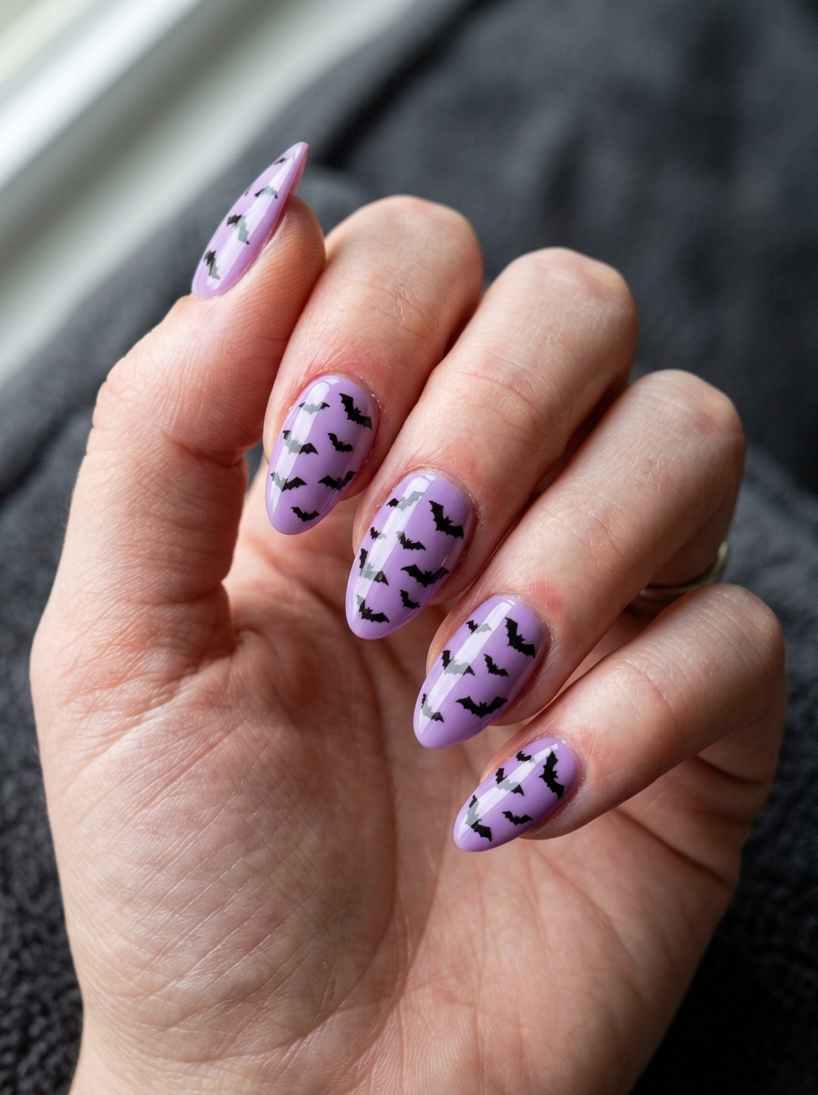 Bat Scatter on Lilac Halloween press-on nails