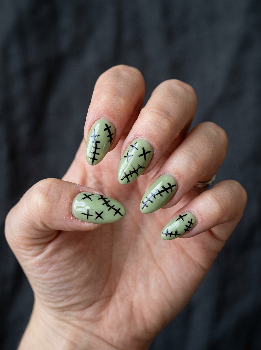 Stitched Green Halloween press-on nails