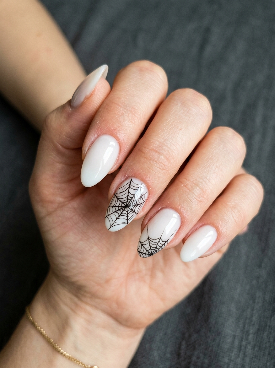 Hairline Web on Milky White Halloween press-on nails
