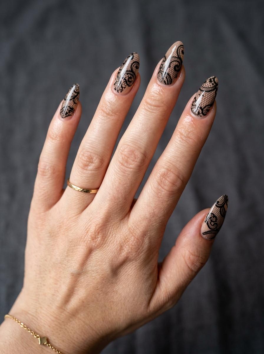 Black Lace Overlay Halloween press-on nails