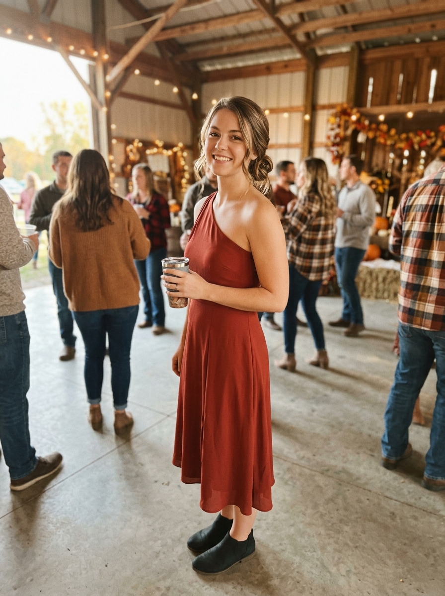One-Shoulder Dress: Side Swept Low Bun