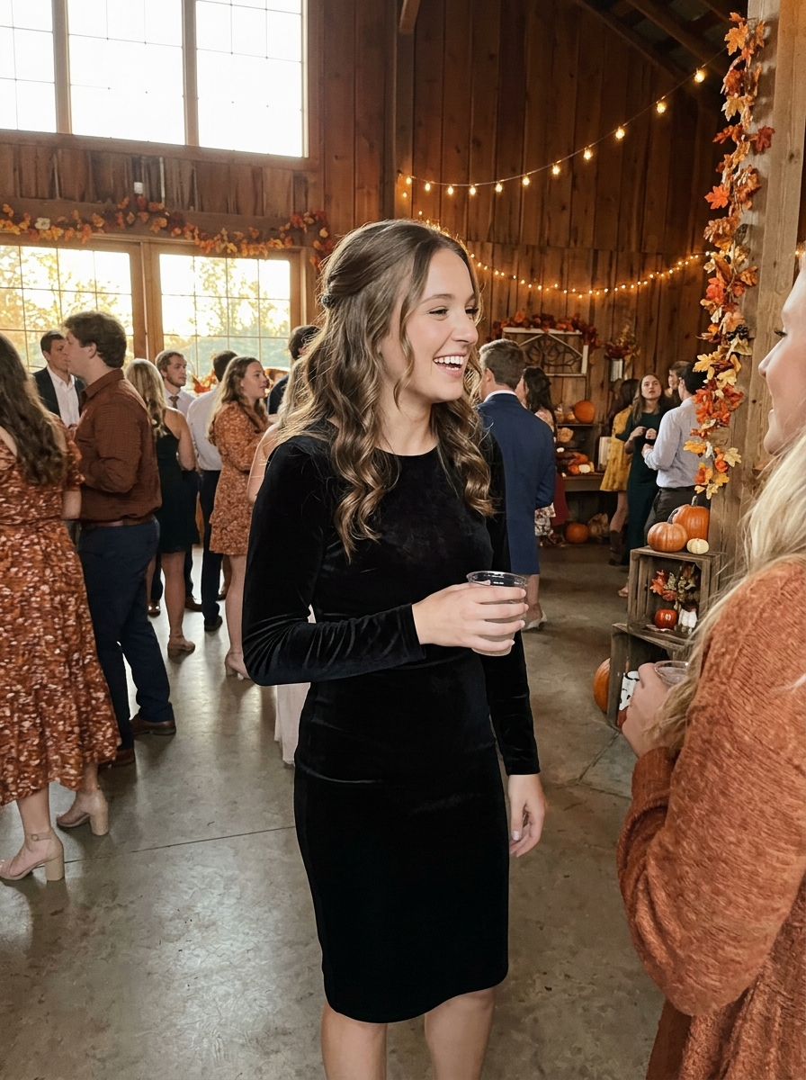 Long Sleeve Dress: Half Up Hollywood Waves