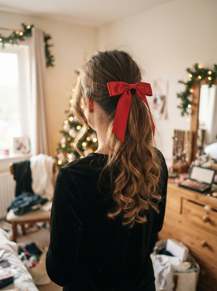 High ponytail with a satin bow holiday party hairstyle for long hair