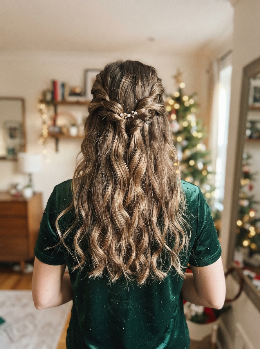 Half-up twist with loose curls holiday party hairstyle for long hair