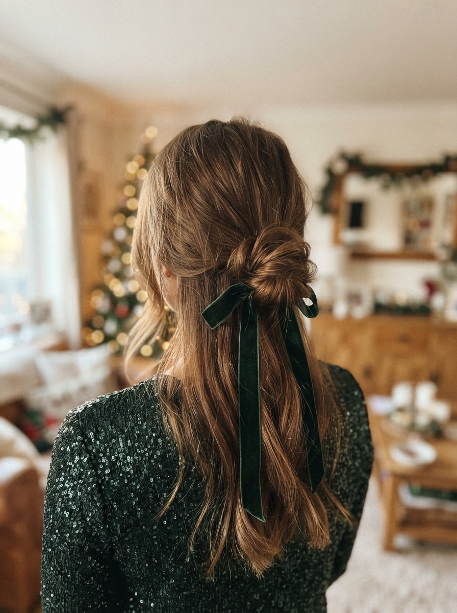 Low bun with a velvet ribbon holiday party hairstyle for long hair