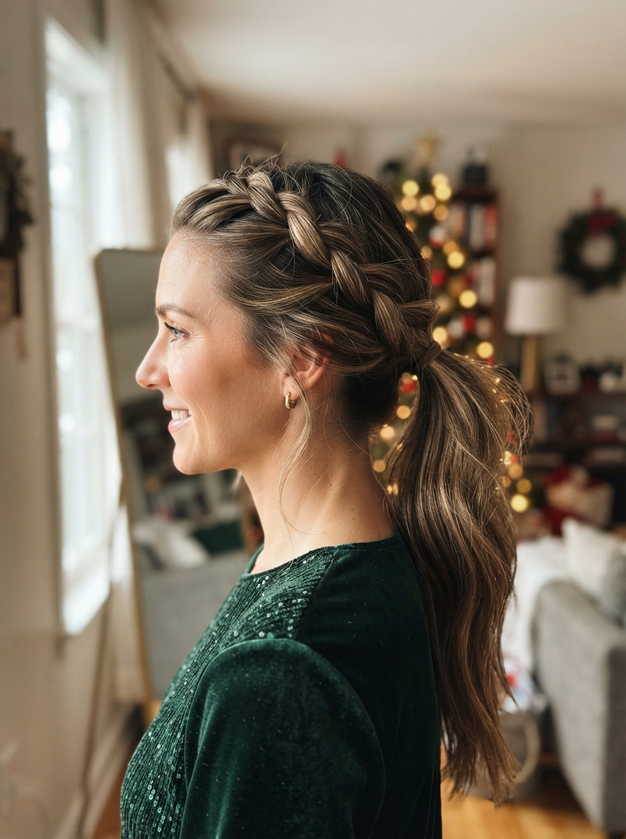 Dutch braid into a ponytail holiday party hairstyle for long hair