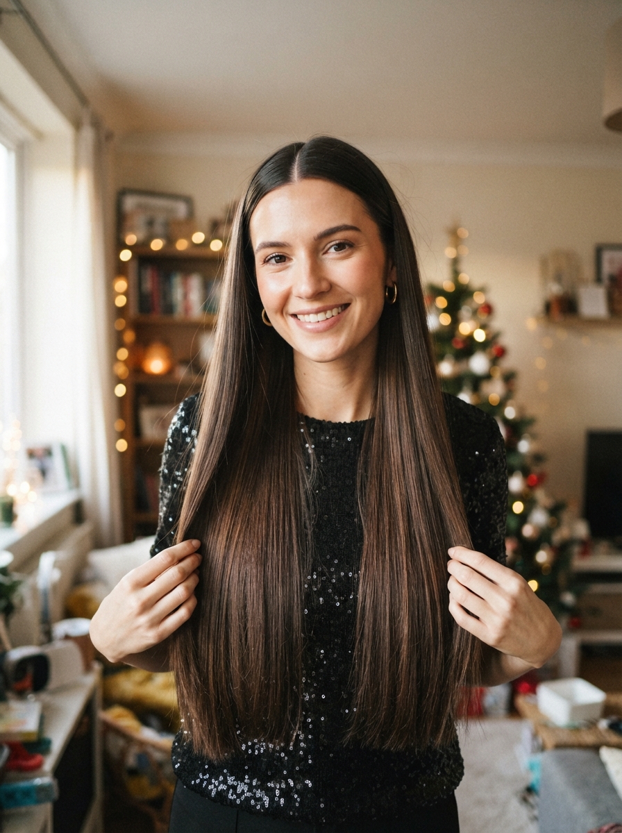 Sleek straight hair with a center part holiday party hairstyle for long hair